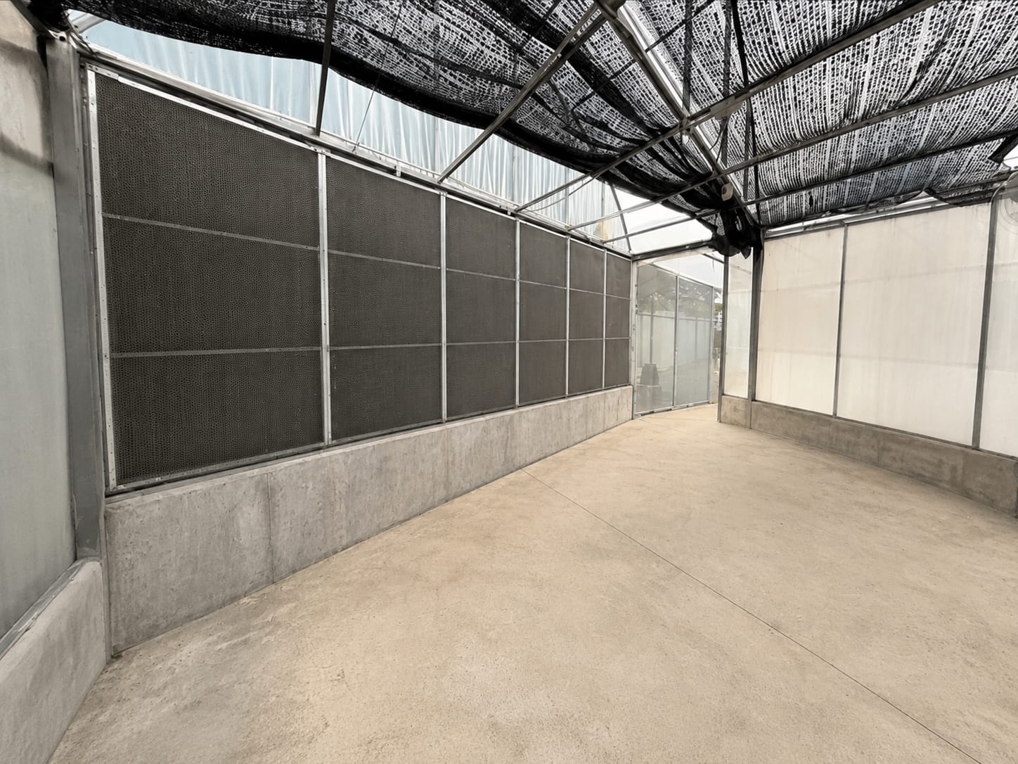 Greenhouse-style special-use structure with cooling pad wall